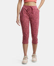 Super Combed Cotton Elastane Slim Fit Printed Capri with Side Pockets - Rosewine Print-1