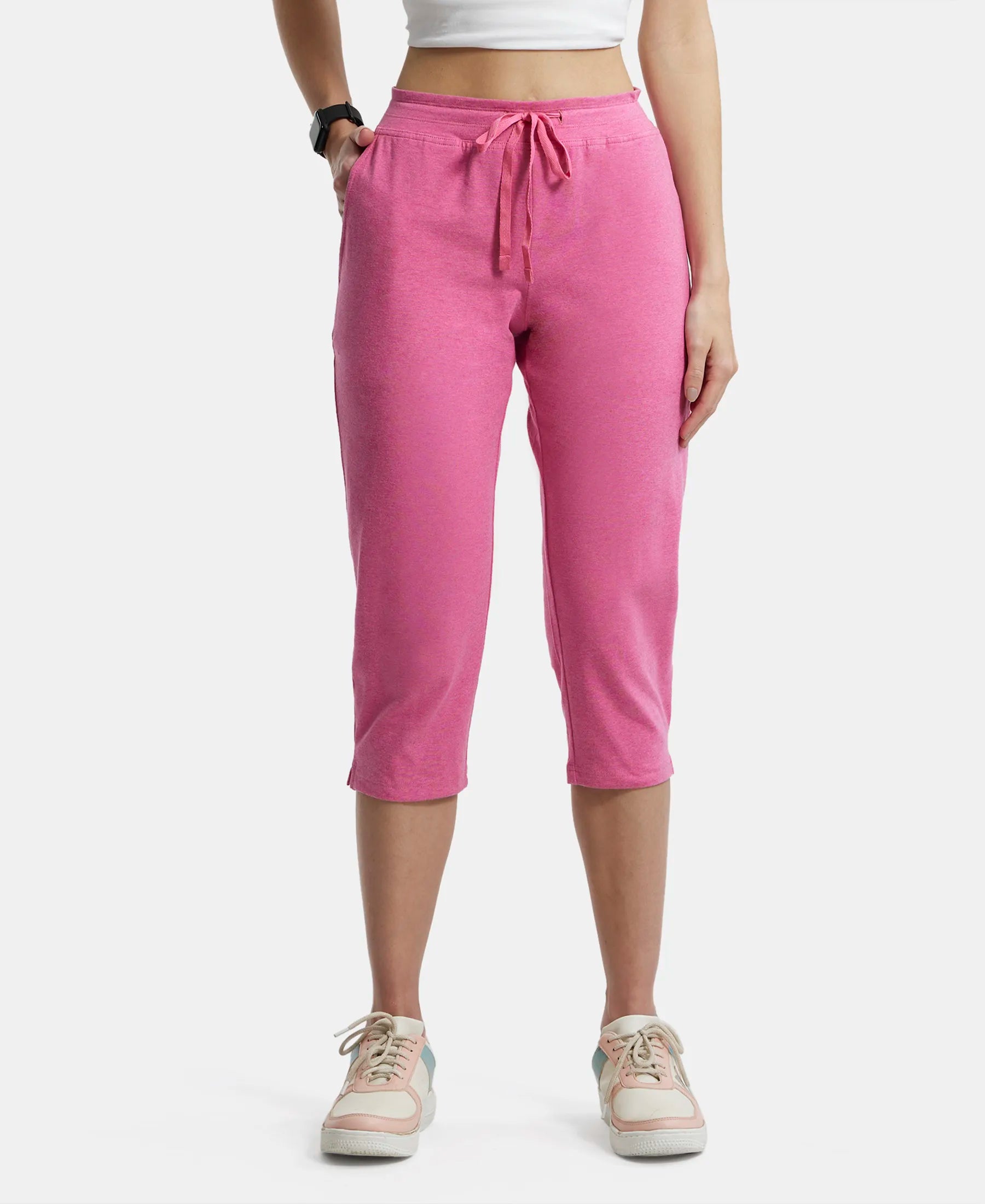 Buy Super Combed Cotton Elastane Slim Fit Printed Capri with Side Pockets -  Ibis Rose Melange 1300