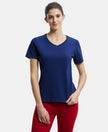Super Combed Cotton Elastane Regular Fit Solid V Neck Half Sleeve T-Shirt - Imperial Blue-1