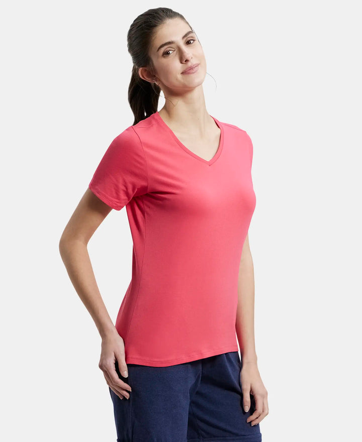 Super Combed Cotton Elastane Regular Fit Solid V Neck Half Sleeve T-Shirt - Ruby-2