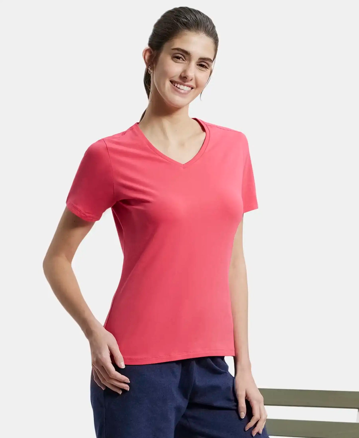 Super Combed Cotton Elastane Regular Fit Solid V Neck Half Sleeve T-Shirt - Ruby-5