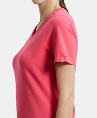 Super Combed Cotton Elastane Regular Fit Solid V Neck Half Sleeve T-Shirt - Ruby-6