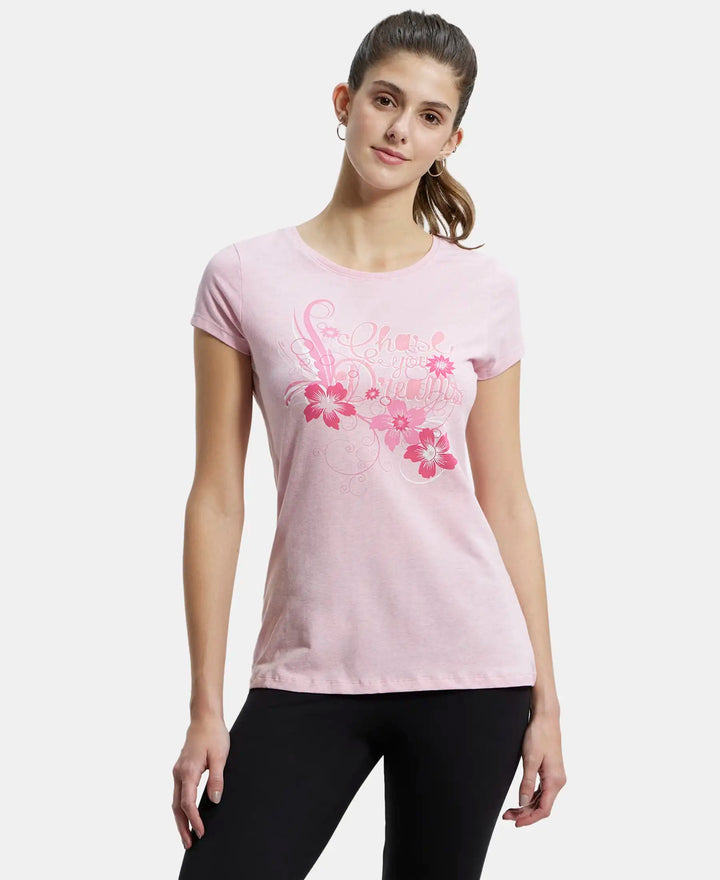 Super Combed Cotton Elastane Stretch Regular Fit Graphic Printed Round Neck Half Sleeve T-Shirt - Pink lady melange print048-1
