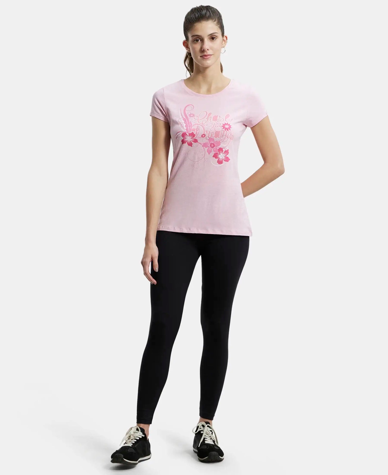 Super Combed Cotton Elastane Stretch Regular Fit Graphic Printed Round Neck Half Sleeve T-Shirt - Pink lady melange print048-4