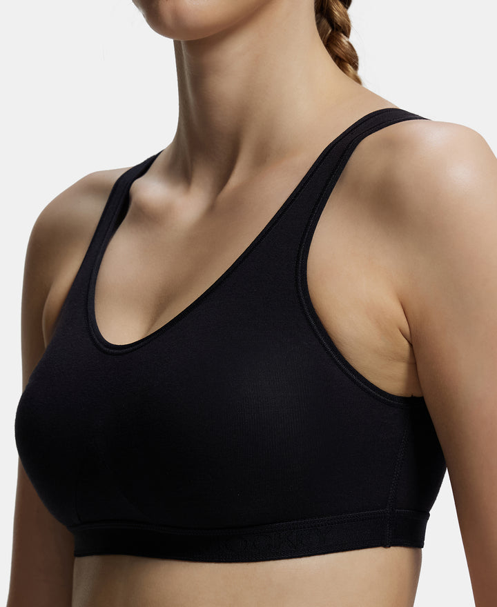 Wirefree Non Padded Super Combed Cotton Elastane Full Coverage Slip-On Active Bra with Wider Straps and Moisture Move Treatment - Black-7