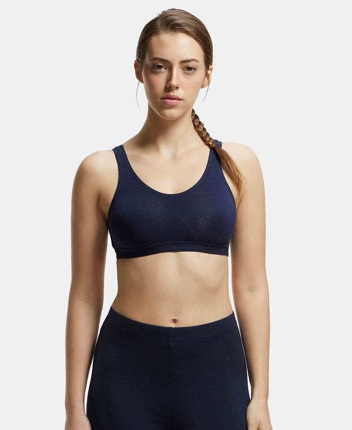 Wirefree Non Padded Super Combed Cotton Elastane Full Coverage Slip-On Active Bra with Wider Straps and Moisture Move Treatment - Navy Blazer-1