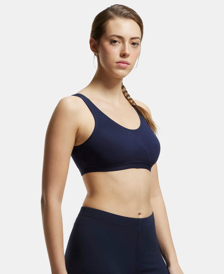 Wirefree Non Padded Super Combed Cotton Elastane Full Coverage Slip-On Active Bra with Wider Straps and Moisture Move Treatment - Navy Blazer-2