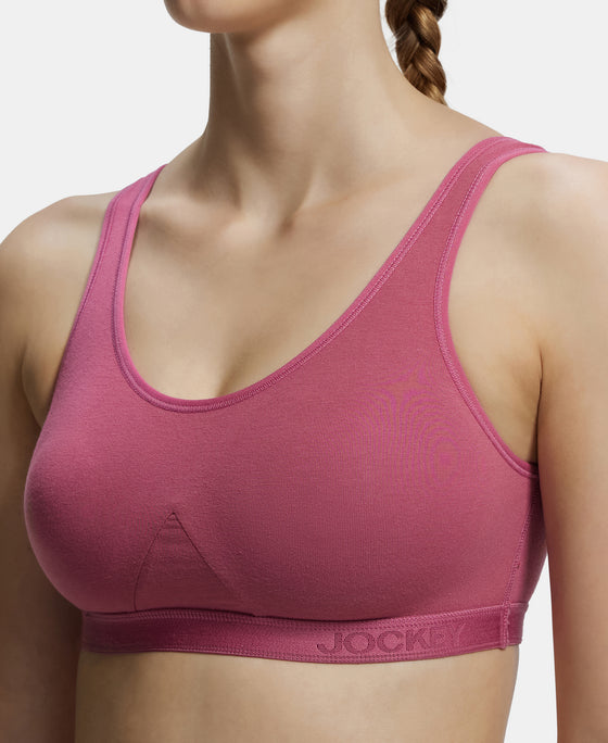 Wirefree Non Padded Super Combed Cotton Elastane Full Coverage Slip-On Active Bra with Wider Straps and Moisture Move Treatment - Rose Wine-7