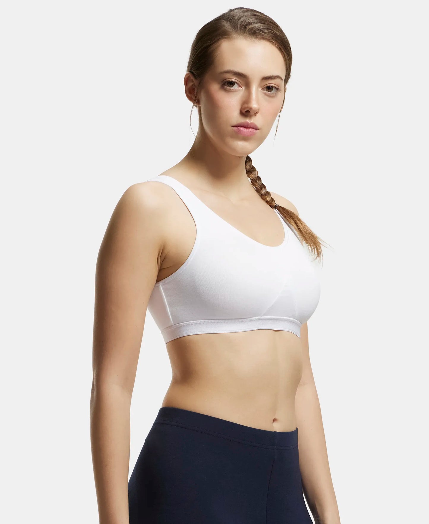 Wirefree Non Padded Super Combed Cotton Elastane Full Coverage Slip-On Active Bra with Wider Straps and Moisture Move Treatment - White-2