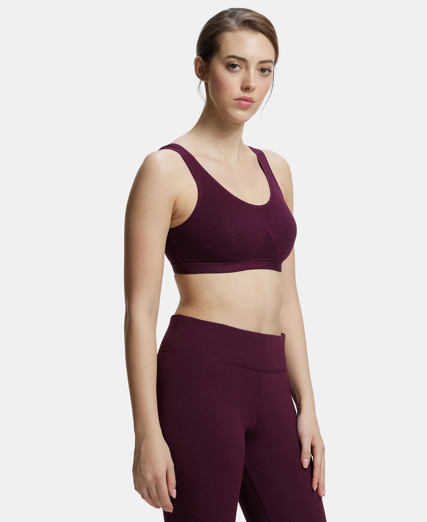 Wirefree Non Padded Super Combed Cotton Elastane Full Coverage Slip-On Active Bra with Wider Straps and Moisture Move Treatment - Wine Tasting-2