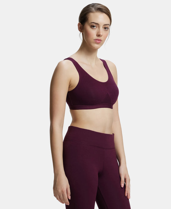 Wirefree Non Padded Super Combed Cotton Elastane Full Coverage Slip-On Active Bra with Wider Straps and Moisture Move Treatment - Wine Tasting-2