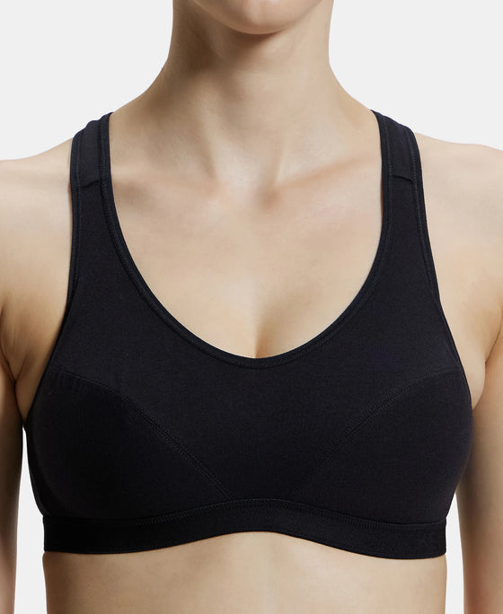 Wirefree Padded Super Combed Cotton Elastane Full Coverage Racer Back Active Bra with StayFresh and Moisture Move Treatment - Black-7
