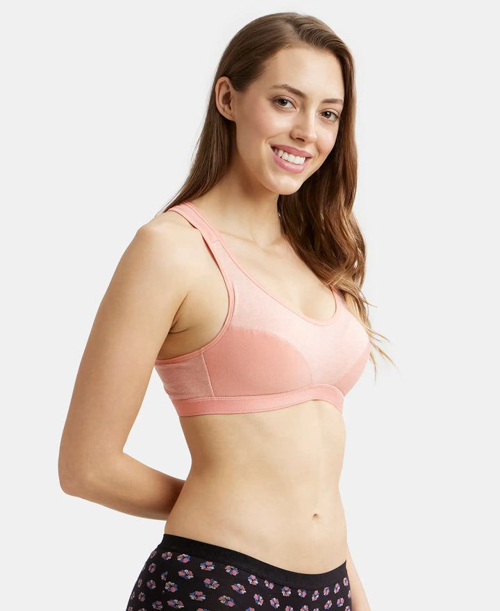 Wirefree Padded Super Combed Cotton Elastane Full Coverage Racer Back Active Bra with StayFresh and Moisture Move Treatment - Desert Flower-2