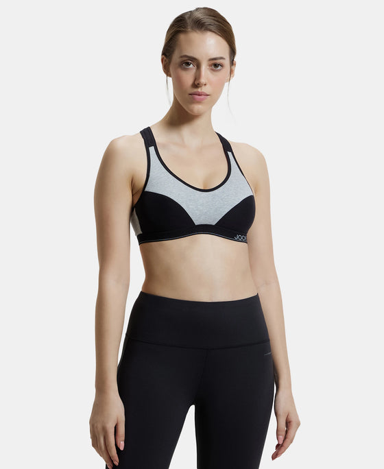 Wirefree Padded Super Combed Cotton Elastane Full Coverage Racer Back Active Bra with StayFresh and Moisture Move Treatment - Light Grey Melange & Black-1