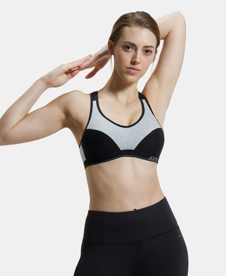 Wirefree Padded Super Combed Cotton Elastane Full Coverage Racer Back Active Bra with StayFresh and Moisture Move Treatment - Light Grey Melange & Black-5