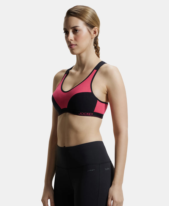 Wirefree Padded Super Combed Cotton Elastane Full Coverage Racer Back Active Bra with StayFresh and Moisture Move Treatment - Ruby & Black-2