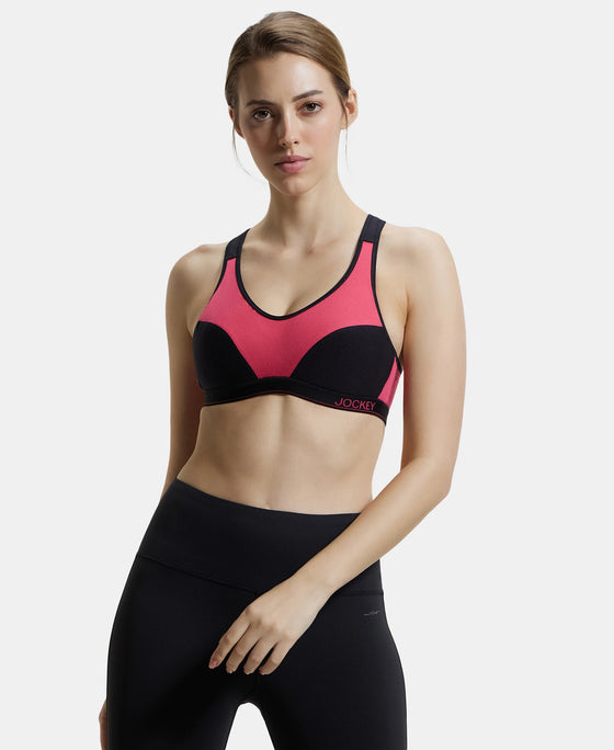 Wirefree Padded Super Combed Cotton Elastane Full Coverage Racer Back Active Bra with StayFresh and Moisture Move Treatment - Ruby & Black-5