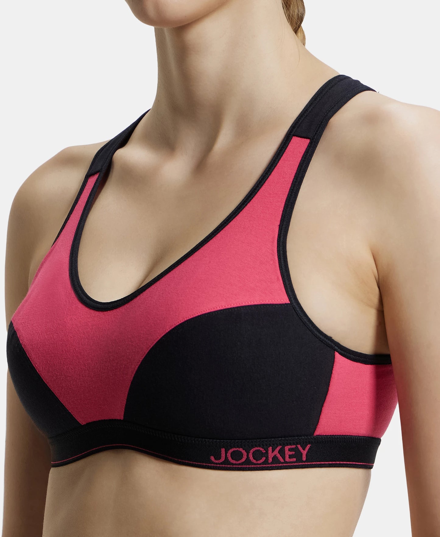 Wirefree Padded Super Combed Cotton Elastane Full Coverage Racer Back Active Bra with StayFresh and Moisture Move Treatment - Ruby & Black-7