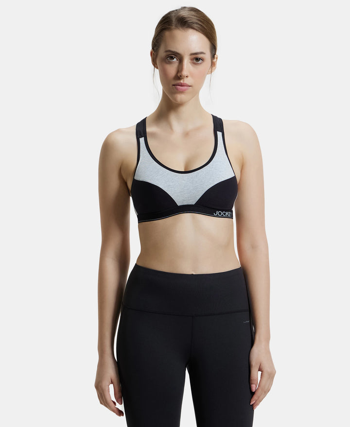 Wirefree Padded Super Combed Cotton Elastane Full Coverage Racer Back Active Bra with StayFresh and Moisture Move Treatment - Steel Grey & Black-1