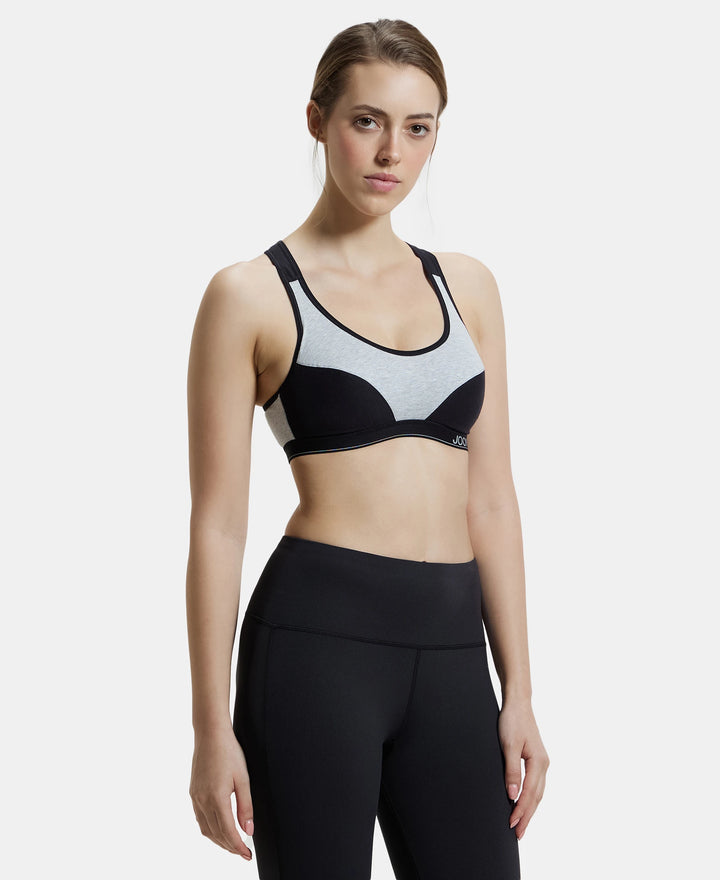 Wirefree Padded Super Combed Cotton Elastane Full Coverage Racer Back Active Bra with StayFresh and Moisture Move Treatment - Steel Grey & Black-2