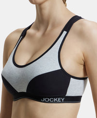 Wirefree Padded Super Combed Cotton Elastane Full Coverage Racer Back Active Bra with StayFresh and Moisture Move Treatment - Steel Grey & Black-7