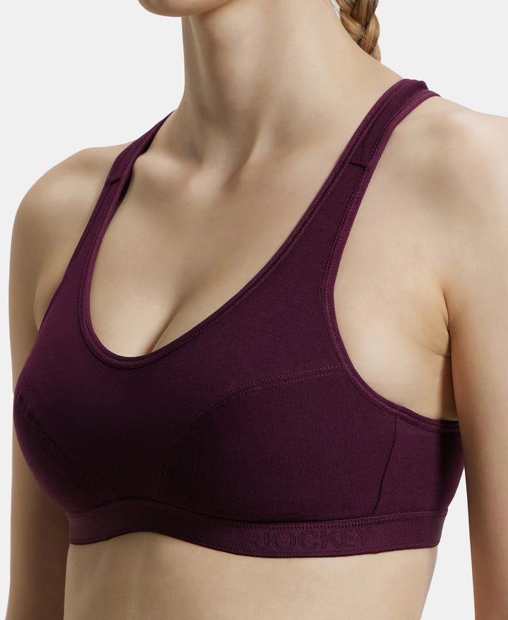 Wirefree Padded Super Combed Cotton Elastane Full Coverage Racer Back Active Bra with StayFresh and Moisture Move Treatment - Wine Tasting-7