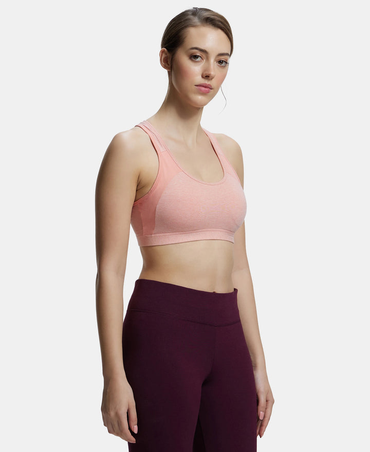 Wirefree Padded Super Combed Cotton Elastane Full Coverage Racer Back Styling Active Bra with StayFresh and Moisture Move Treatment - Desert Flower Melange & Coral-2