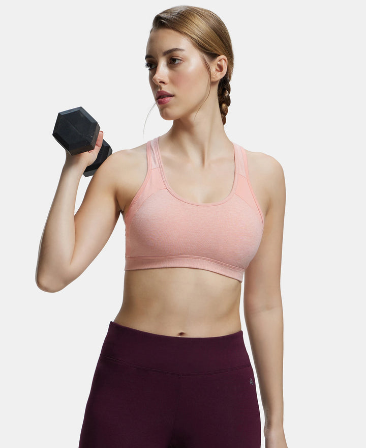 Wirefree Padded Super Combed Cotton Elastane Full Coverage Racer Back Styling Active Bra with StayFresh and Moisture Move Treatment - Desert Flower Melange & Coral-5
