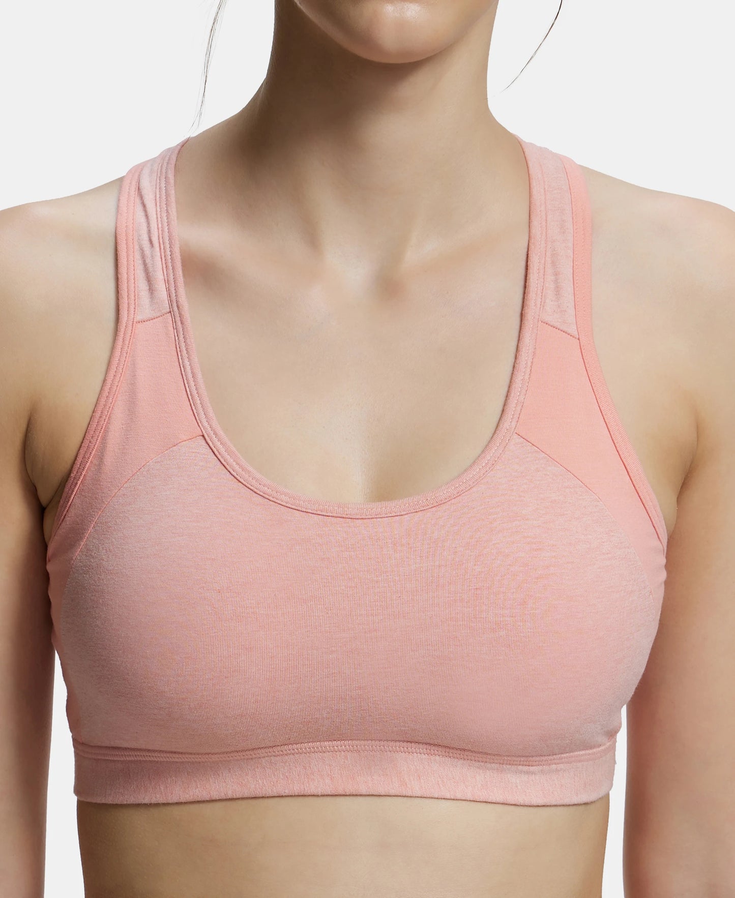 Wirefree Padded Super Combed Cotton Elastane Full Coverage Racer Back Styling Active Bra with StayFresh and Moisture Move Treatment - Desert Flower Melange & Coral-7