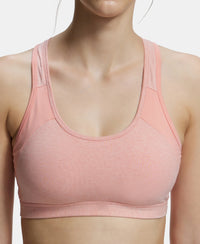 Wirefree Padded Super Combed Cotton Elastane Full Coverage Racer Back Styling Active Bra with StayFresh and Moisture Move Treatment - Desert Flower Melange & Coral-7