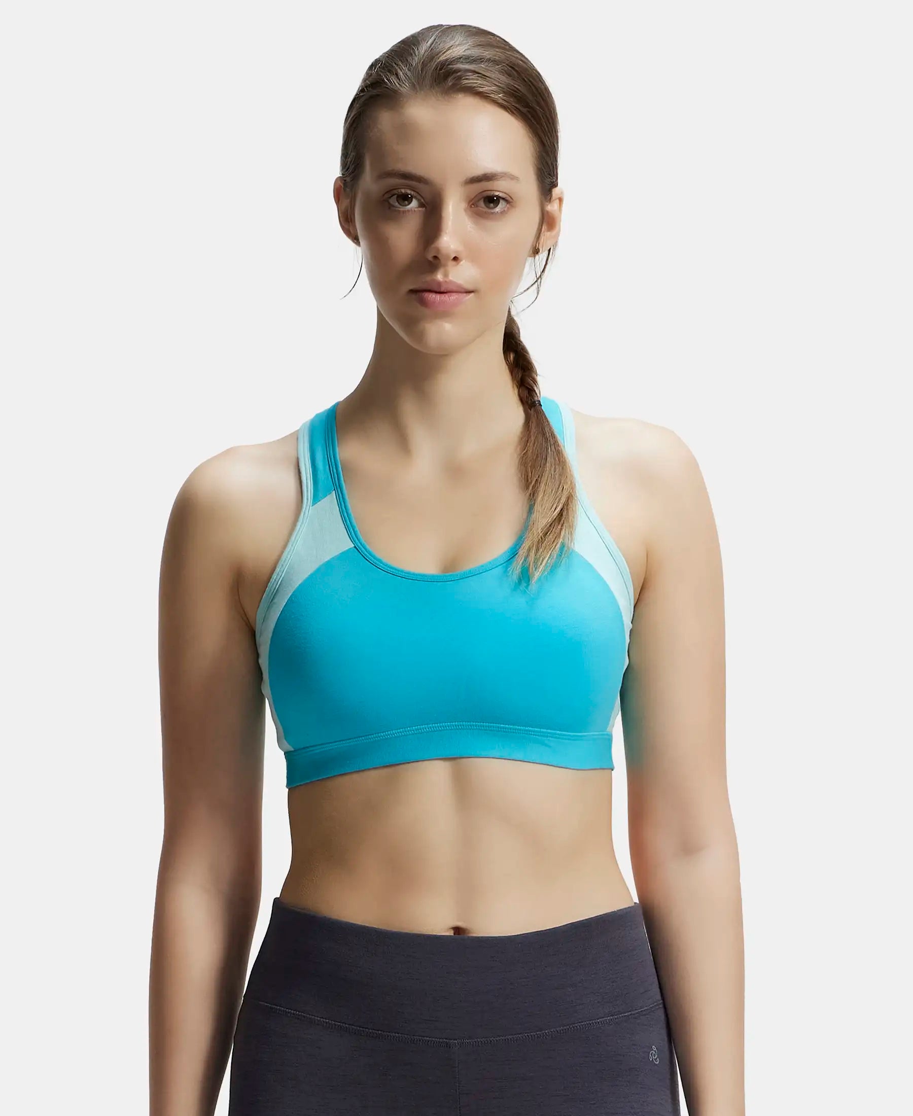 Wirefree Padded Super Combed Cotton Elastane Stretch Full Coverage Racer  Back Styling Active Bra with StayFresh and Moisture Move Treatment - Teal 