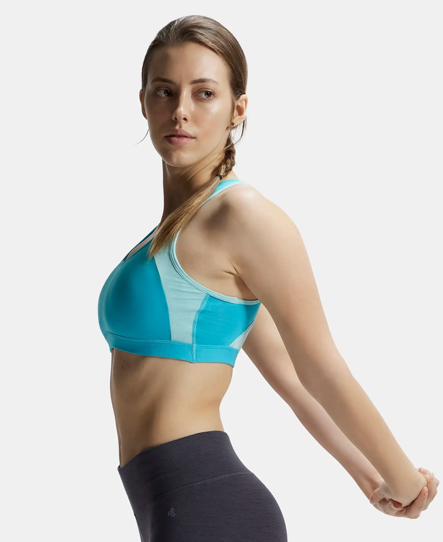 Wirefree Padded Super Combed Cotton Elastane Full Coverage Racer Back Styling Active Bra with StayFresh and Moisture Move Treatment - Teal & Mint Melange-2