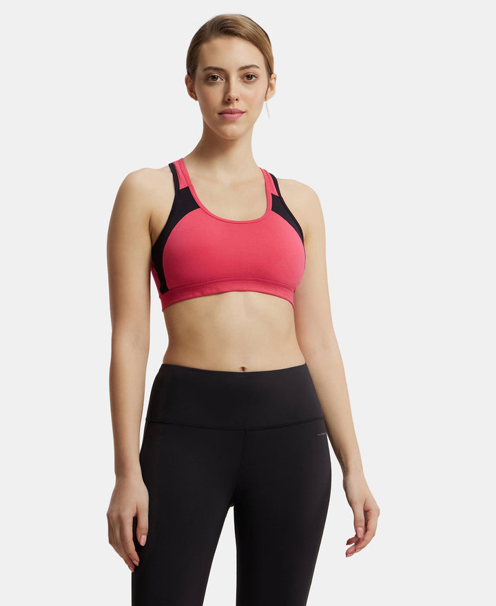 Wirefree Padded Super Combed Cotton Elastane Full Coverage Racer Back Styling Active Bra with StayFresh and Moisture Move Treatment - Ruby & Black-1
