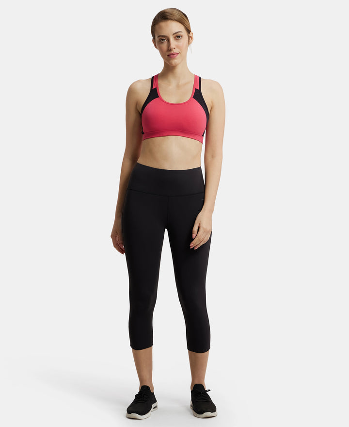 Wirefree Padded Super Combed Cotton Elastane Full Coverage Racer Back Styling Active Bra with StayFresh and Moisture Move Treatment - Ruby & Black-4