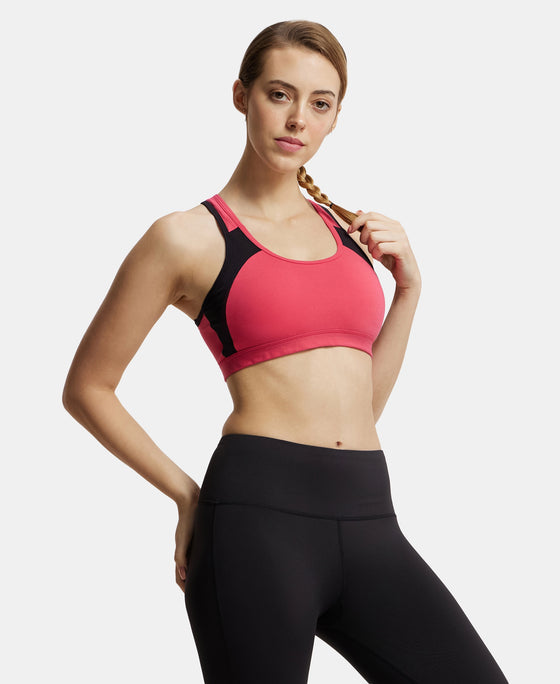 Wirefree Padded Super Combed Cotton Elastane Full Coverage Racer Back Styling Active Bra with StayFresh and Moisture Move Treatment - Ruby & Black-5