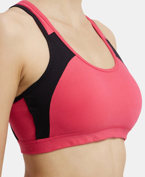 Wirefree Padded Super Combed Cotton Elastane Full Coverage Racer Back Styling Active Bra with StayFresh and Moisture Move Treatment - Ruby & Black-7