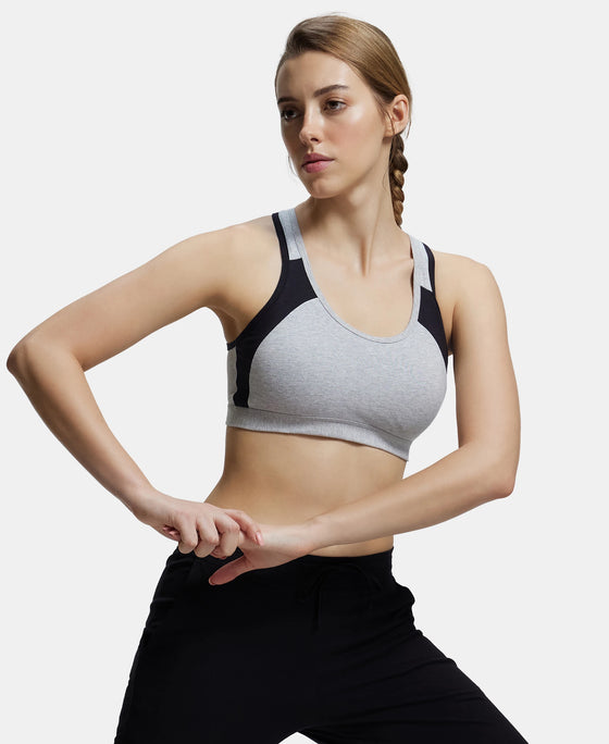 Wirefree Padded Super Combed Cotton Elastane Full Coverage Racer Back Styling Active Bra with StayFresh and Moisture Move Treatment - Steel Grey & Black-5