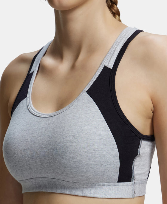 Wirefree Padded Super Combed Cotton Elastane Full Coverage Racer Back Styling Active Bra with StayFresh and Moisture Move Treatment - Steel Grey & Black-7