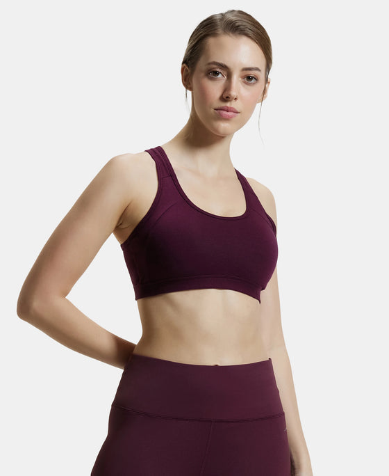 Wirefree Padded Super Combed Cotton Elastane Full Coverage Racer Back Styling Active Bra with StayFresh and Moisture Move Treatment - Wine Tasting-5