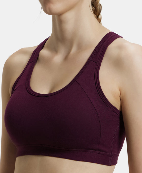 Wirefree Padded Super Combed Cotton Elastane Full Coverage Racer Back Styling Active Bra with StayFresh and Moisture Move Treatment - Wine Tasting-7