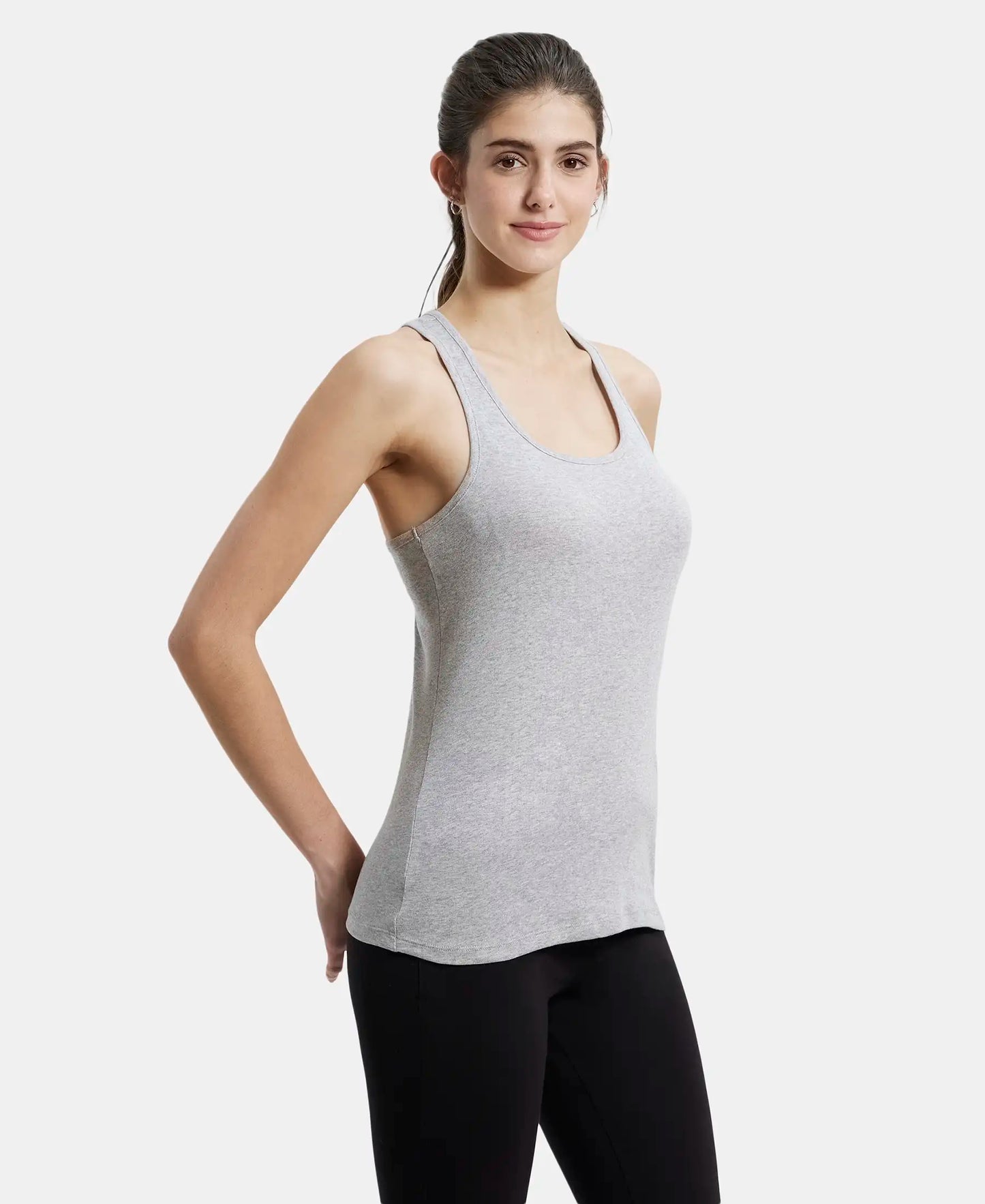 Super Combed Cotton Rib Fabric Slim Fit Solid Racerback Styled Tank Top - Light Grey Melange-2