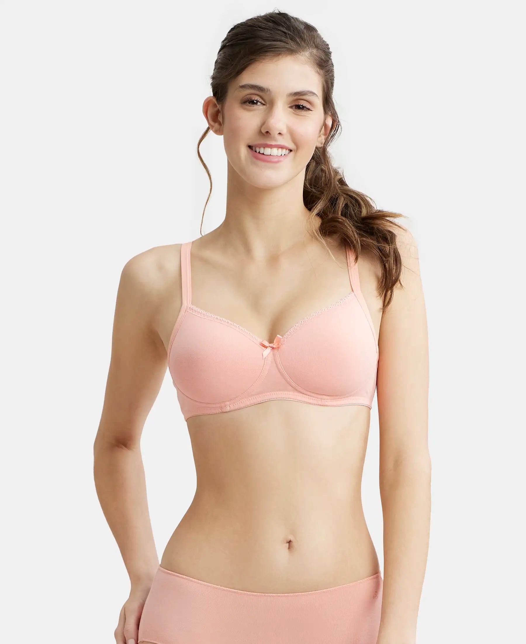 Buy Wirefree Padded Super Combed Cotton Elastane Medium Coverage T-Shirt  Bra with Lace Styling - Candlelight Peach 1723