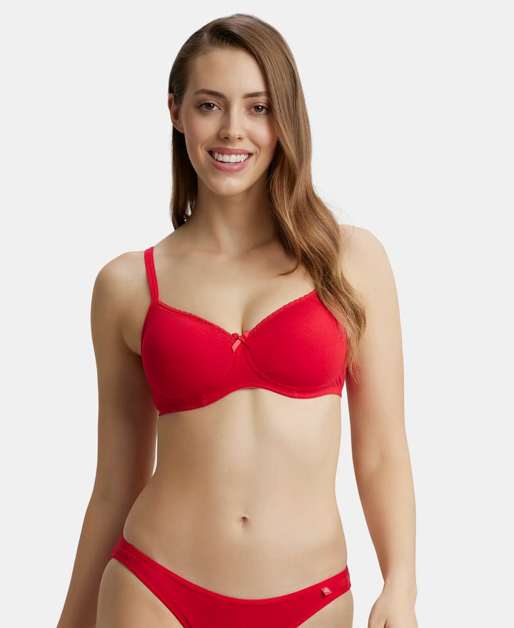 Wirefree Padded Super Combed Cotton Elastane Medium Coverage T-Shirt Bra with Lace Styling - Sangria Red-1