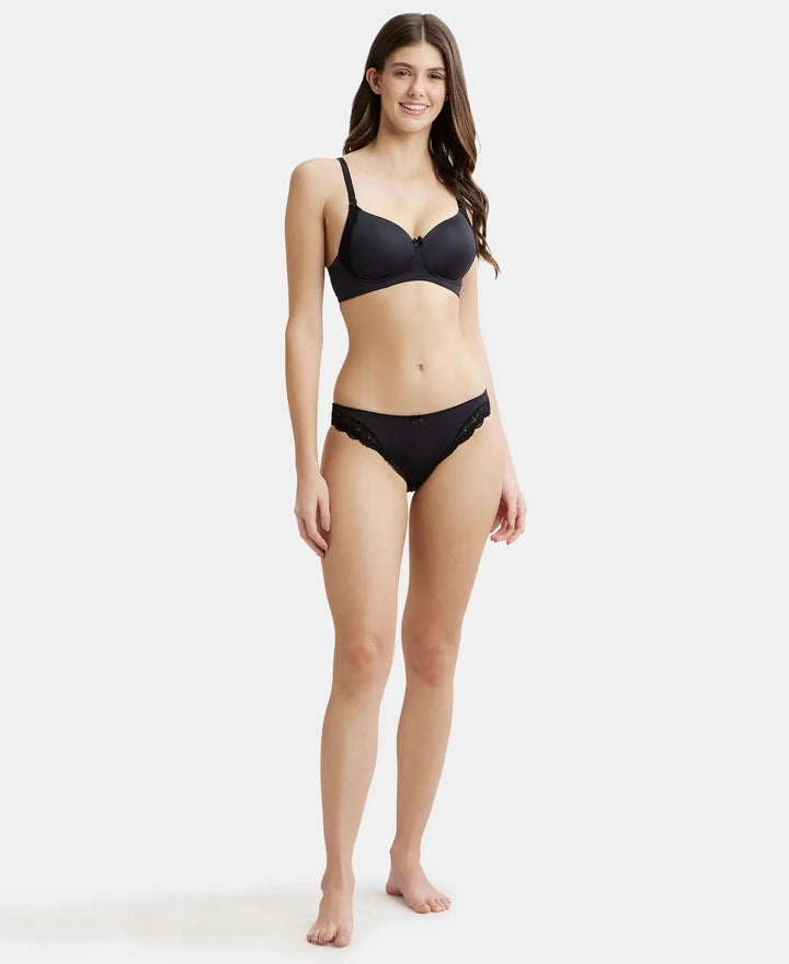 Wirefree Padded Soft Touch Microfiber Elastane Full Coverage T-Shirt Bra with Lace Styling - Black-4