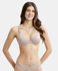 Under-Wired Padded Soft Touch Microfiber Elastane Full Coverage T-Shirt Bra with Lace Styling - Mocha-1