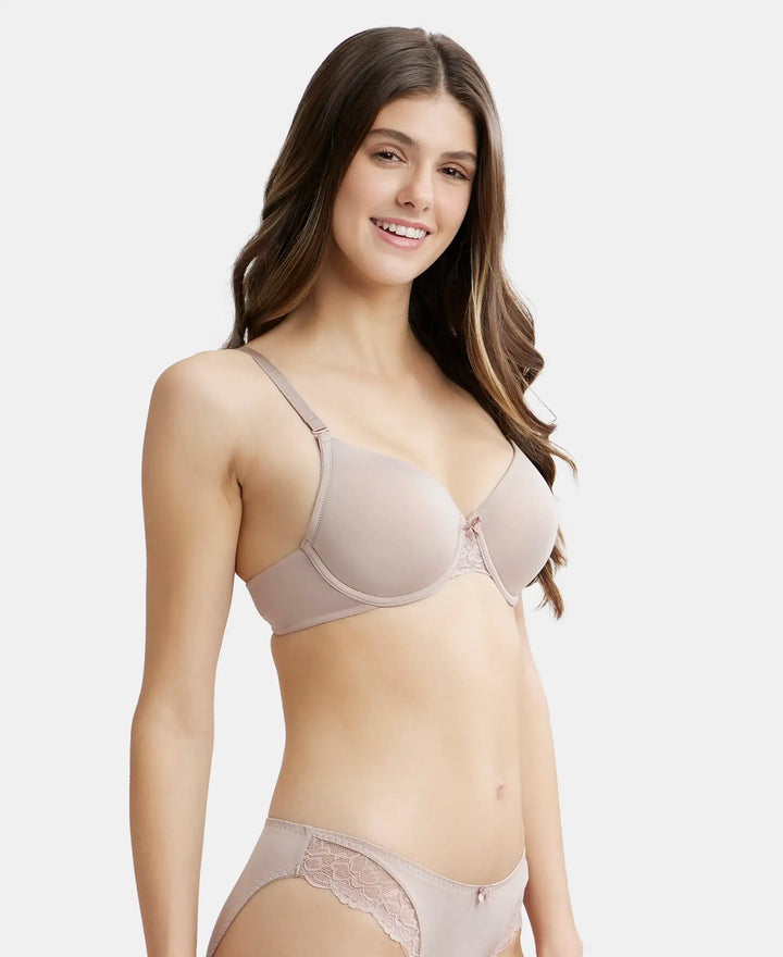 Under-Wired Padded Soft Touch Microfiber Elastane Full Coverage T-Shirt Bra with Lace Styling - Mocha-2