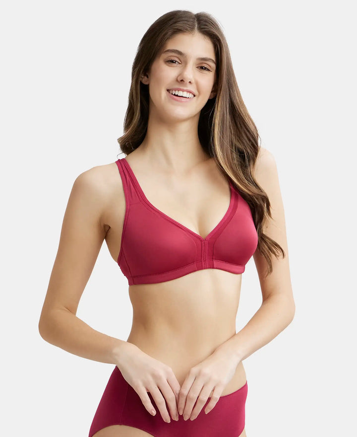 Wirefree Non Padded Soft Touch Microfiber Elastane Full Coverage Everyday Bra with Stylised Mesh Panel - Anemone-2