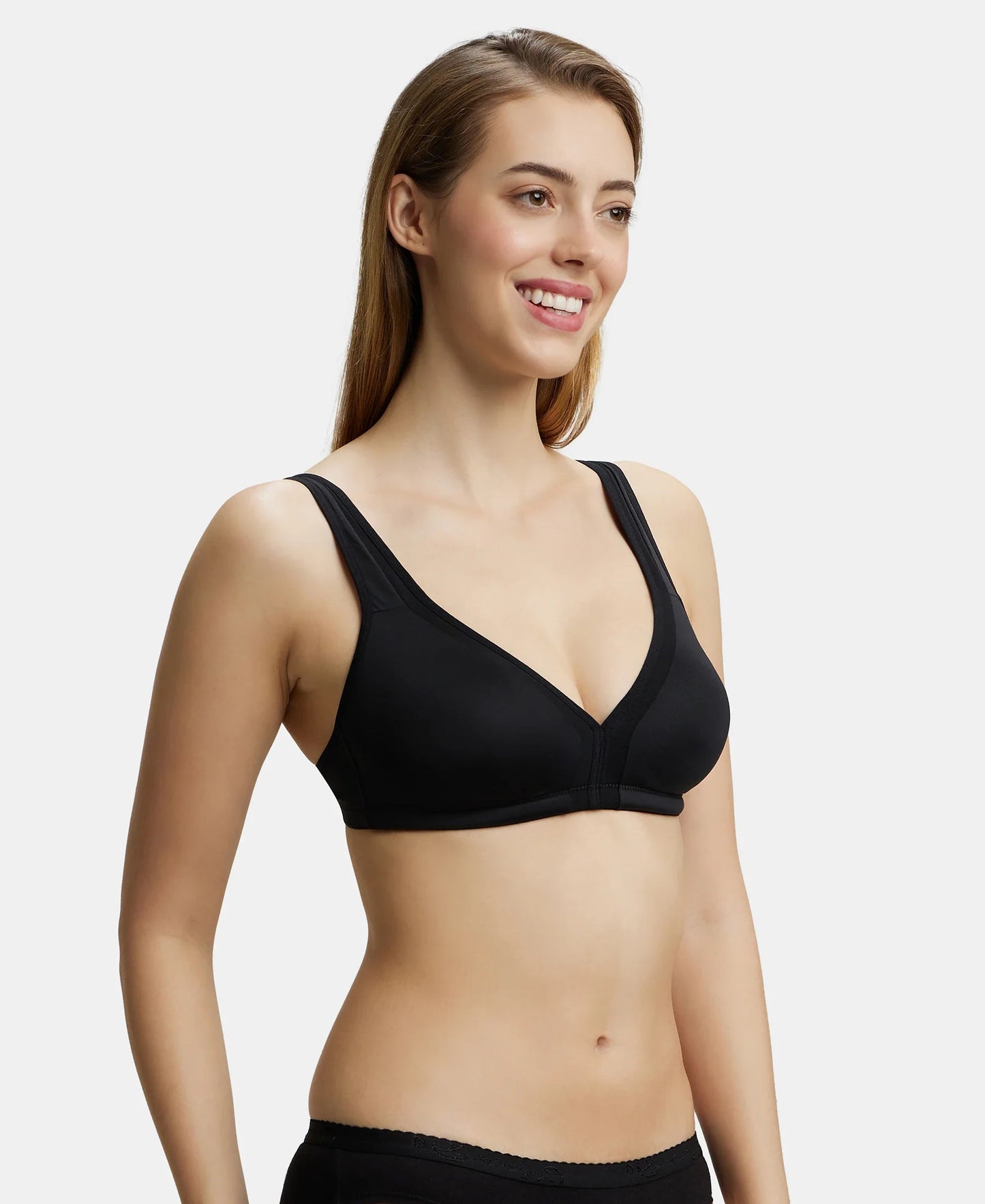 Wirefree Non Padded Soft Touch Microfiber Elastane Full Coverage Everyday Bra with Stylised Mesh Panel - Black-2