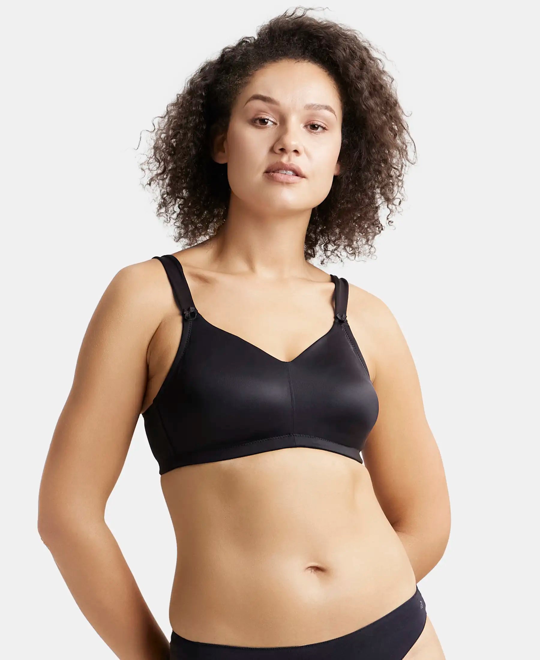 Wirefree Non Padded Soft Touch Microfiber Elastane Stretch Full Coverage  Minimizer Bra with Broad Cushioned Fabric Strap - Black