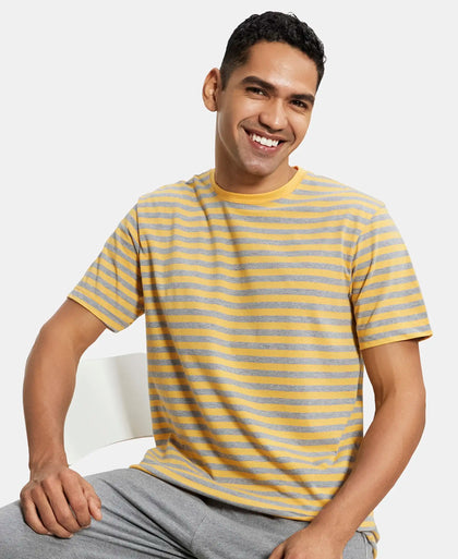 Super Combed Cotton Rich Striped Round Neck Half Sleeve T-Shirt - Burnt Gold & Grey-5